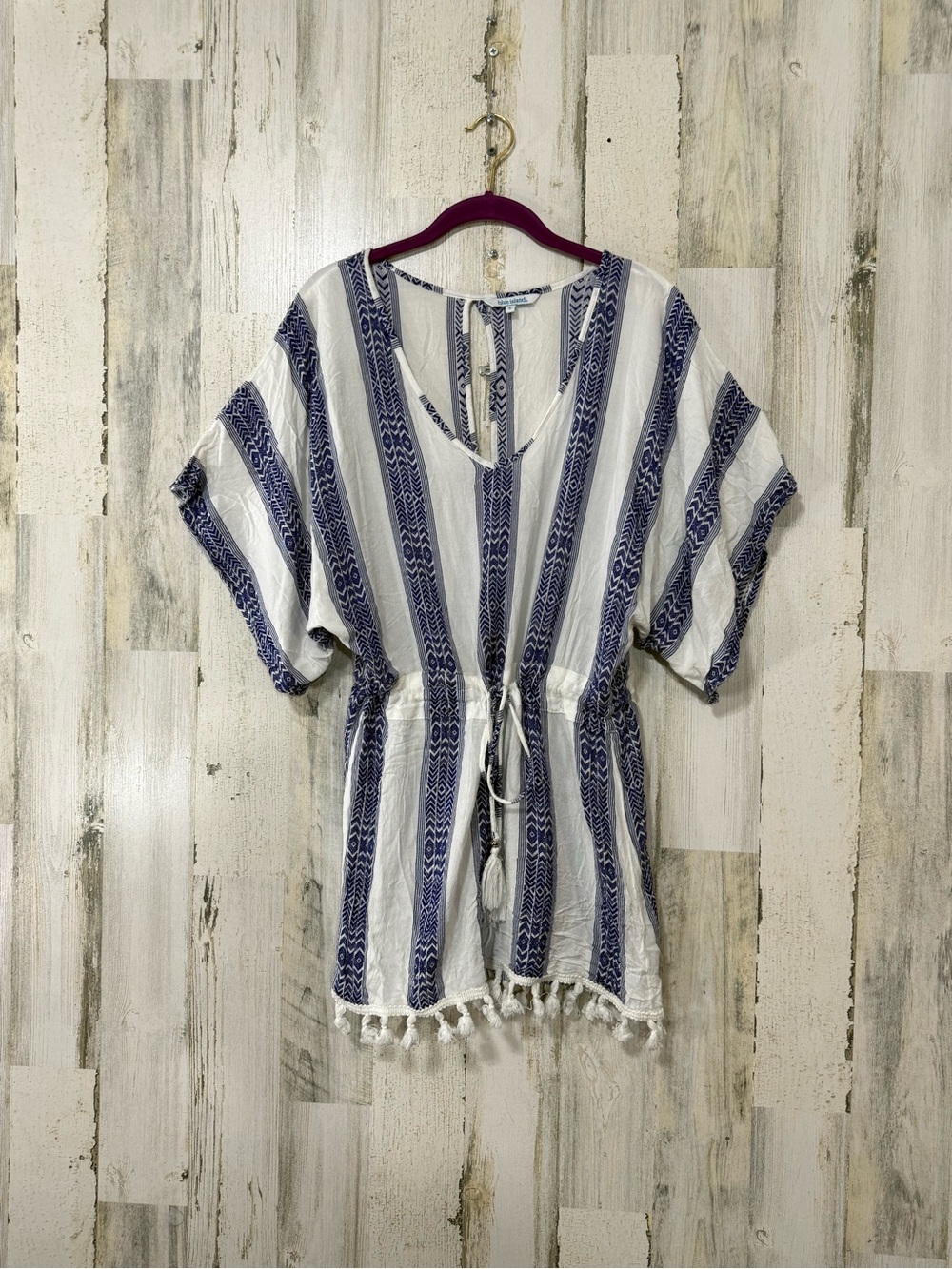 blue island White & Navy Striped Tassel-Hem Swim Coverup